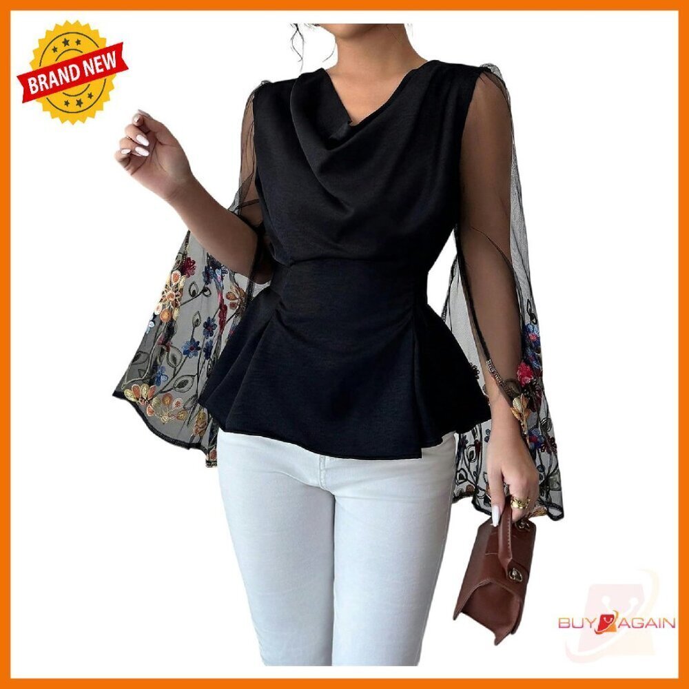 Floral Embroidery Sheer Long Sleeve Blouse Peplum Top Cowl Neck